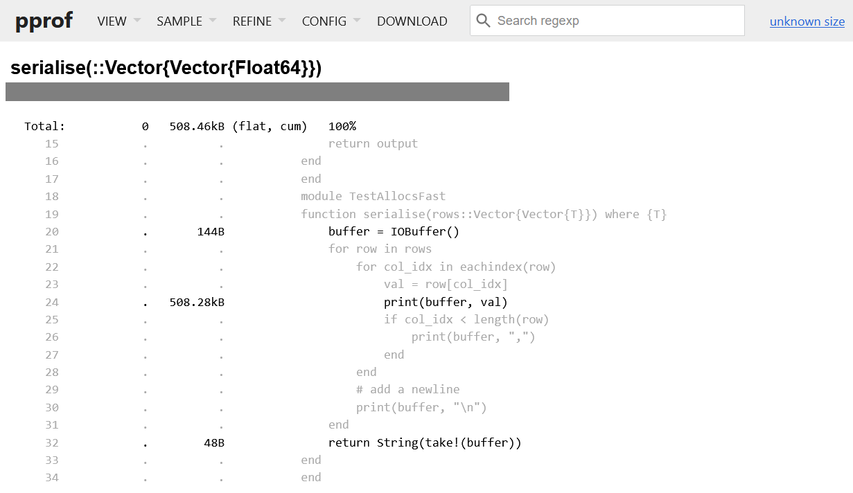 A source view showing the number of allocations of each line in the faster serialise function